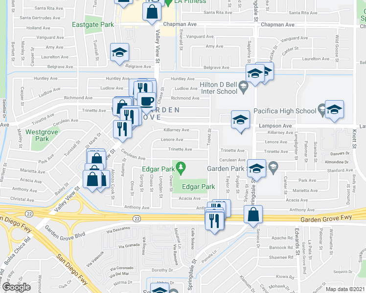 map of restaurants, bars, coffee shops, grocery stores, and more near 6131 Lenore Avenue in Garden Grove