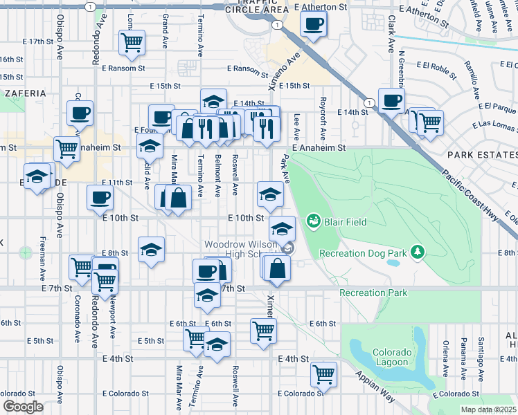 map of restaurants, bars, coffee shops, grocery stores, and more near 1049 Bennett Avenue in Long Beach