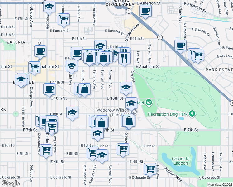 map of restaurants, bars, coffee shops, grocery stores, and more near 1049 Bennett Avenue in Long Beach