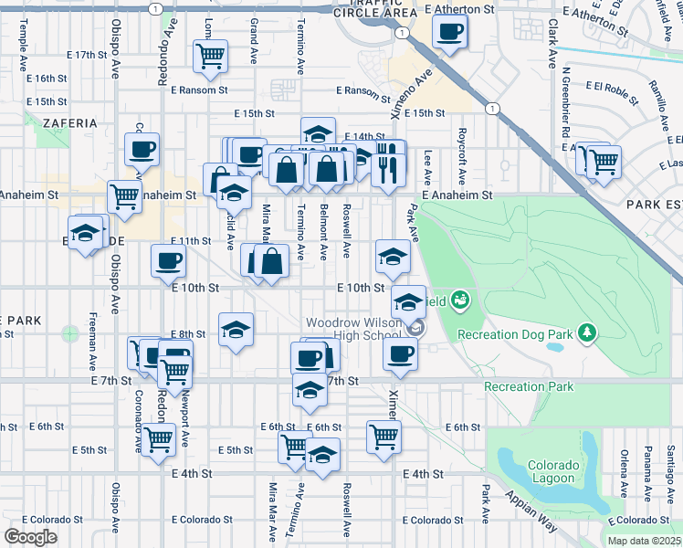 map of restaurants, bars, coffee shops, grocery stores, and more near 1060 Belmont Avenue in Long Beach