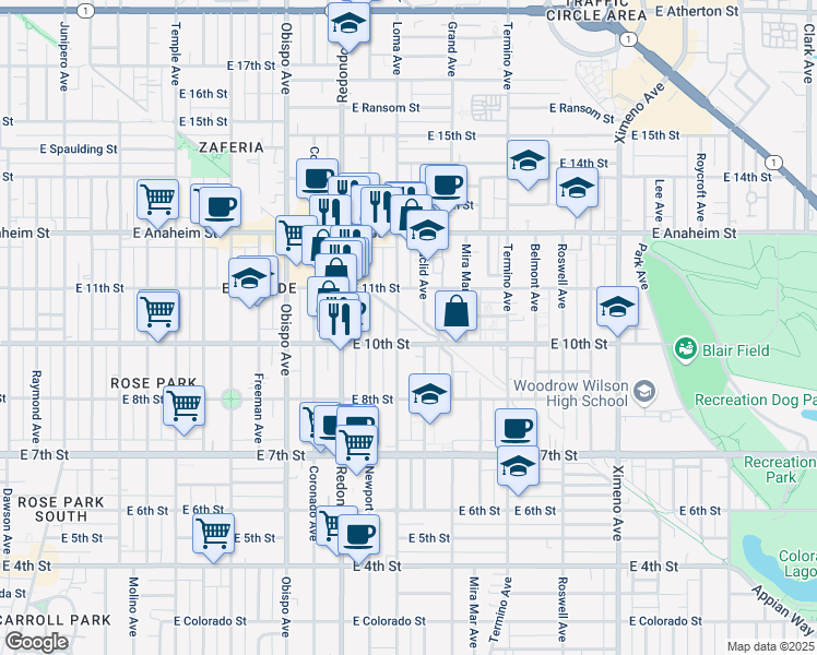 map of restaurants, bars, coffee shops, grocery stores, and more near in Long Beach