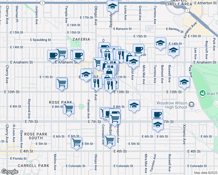 map of restaurants, bars, coffee shops, grocery stores, and more near 1054 Redondo Avenue in Long Beach