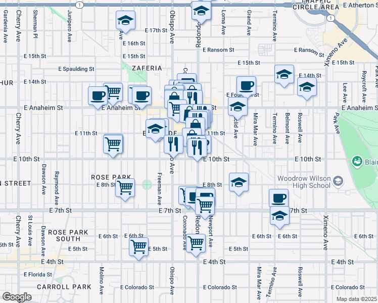map of restaurants, bars, coffee shops, grocery stores, and more near 1048 Coronado Avenue in Long Beach