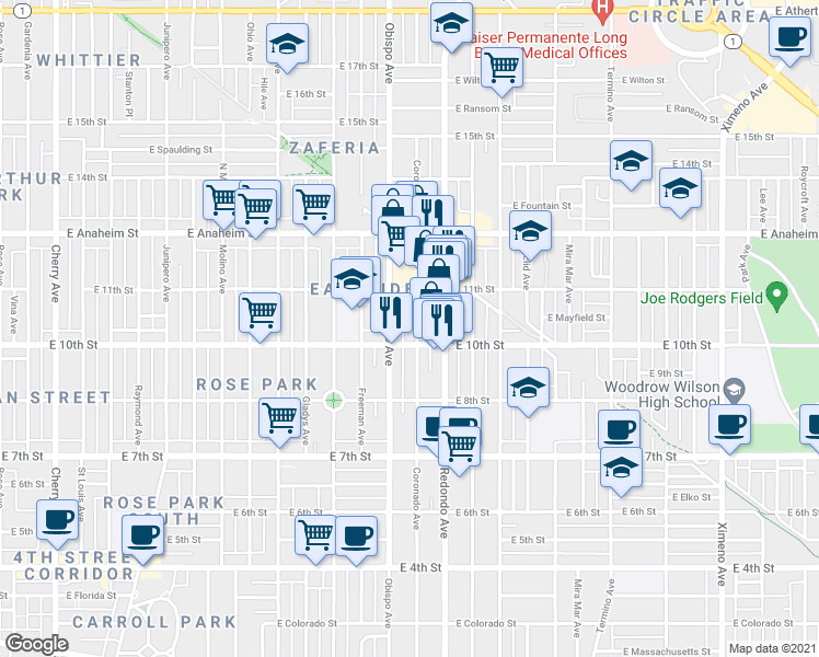 map of restaurants, bars, coffee shops, grocery stores, and more near 1048 Coronado Avenue in Long Beach