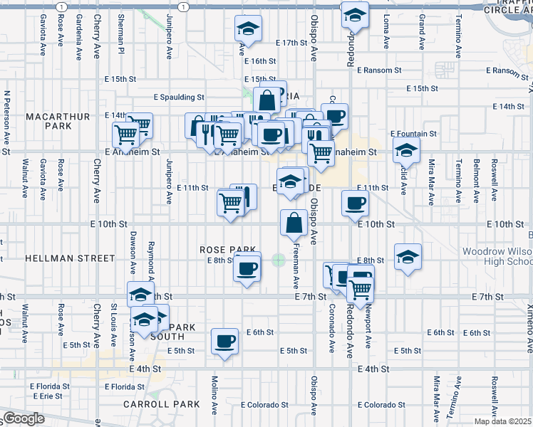 map of restaurants, bars, coffee shops, grocery stores, and more near 1051 Gladys Avenue in Long Beach