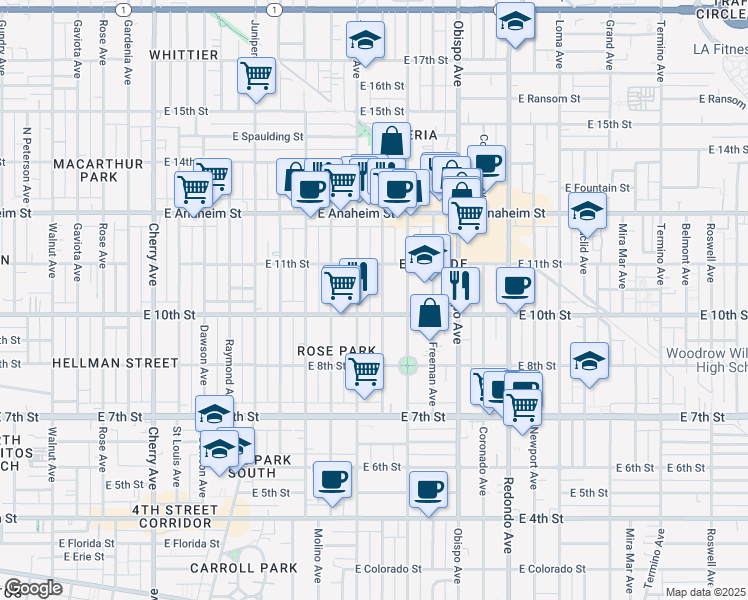 map of restaurants, bars, coffee shops, grocery stores, and more near 1051 Gladys Avenue in Long Beach