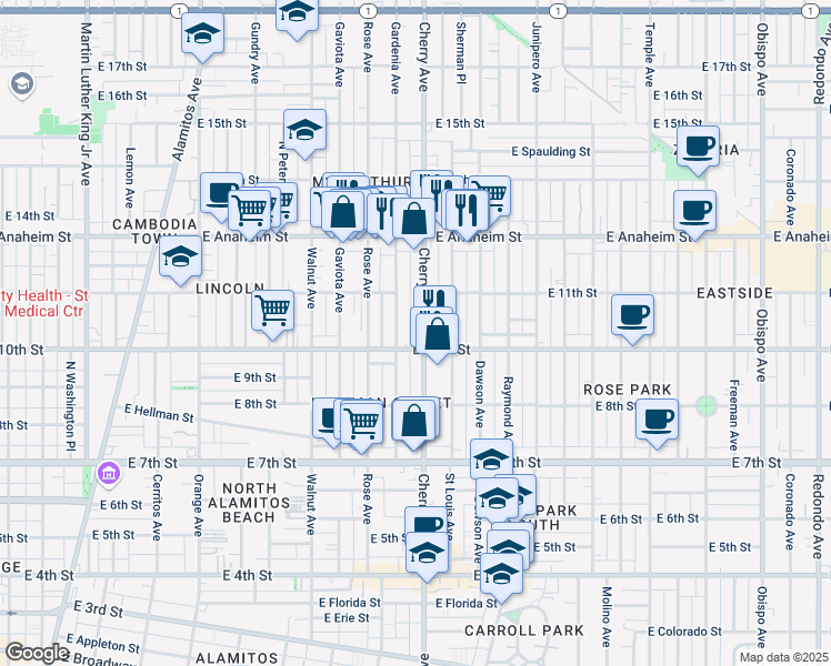 map of restaurants, bars, coffee shops, grocery stores, and more near 1050 Gardenia Avenue in Long Beach