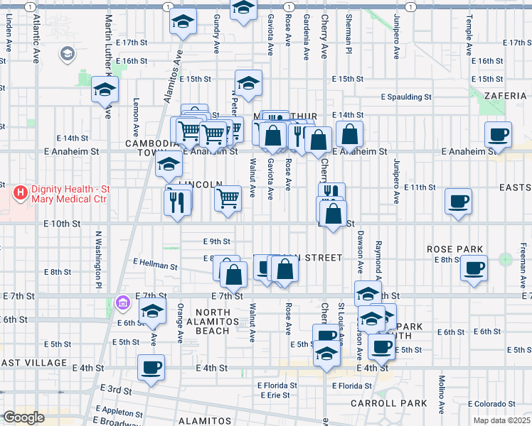 map of restaurants, bars, coffee shops, grocery stores, and more near 1056 Walnut Avenue in Long Beach