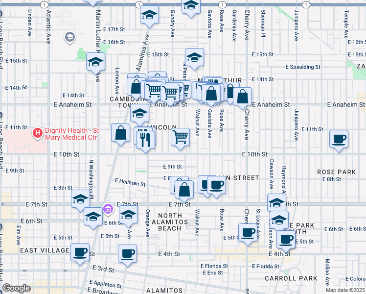 map of restaurants, bars, coffee shops, grocery stores, and more near 1503 East Sunshine Court in Long Beach