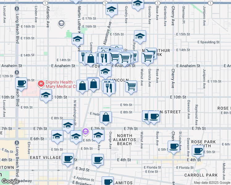 map of restaurants, bars, coffee shops, grocery stores, and more near 1050 Orange Avenue in Long Beach