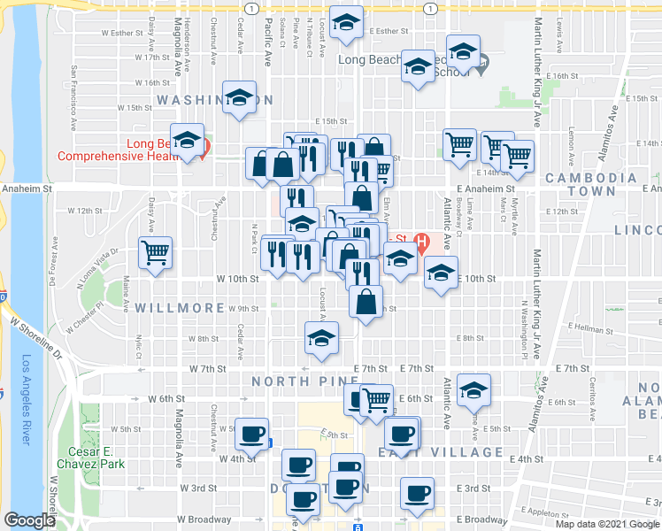 map of restaurants, bars, coffee shops, grocery stores, and more near 1044 Locust Avenue in Long Beach