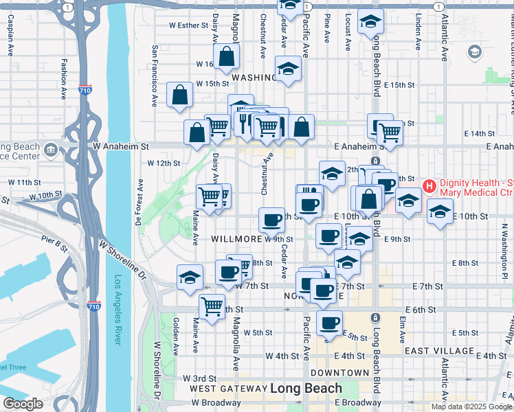 map of restaurants, bars, coffee shops, grocery stores, and more near 428 West 11th Street in Long Beach