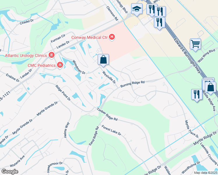 map of restaurants, bars, coffee shops, grocery stores, and more near 117 Westville Drive in Conway