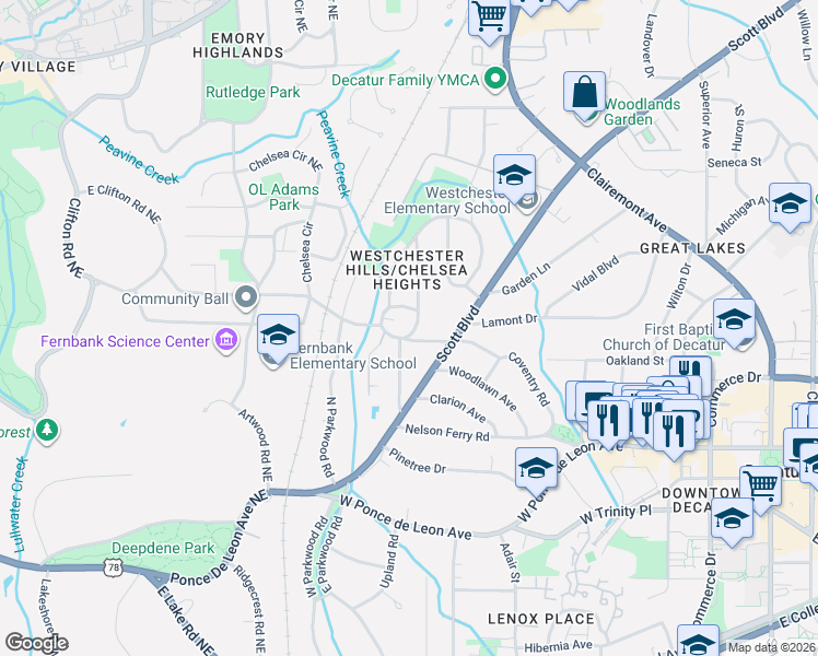 map of restaurants, bars, coffee shops, grocery stores, and more near 124 Chelsea Drive in Decatur