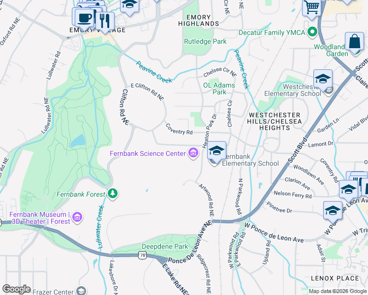 map of restaurants, bars, coffee shops, grocery stores, and more near 1745 Dyson Drive Northeast in Atlanta