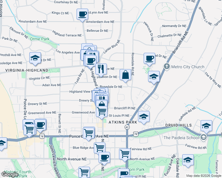 map of restaurants, bars, coffee shops, grocery stores, and more near 1110 Rosedale Drive Northeast in Atlanta