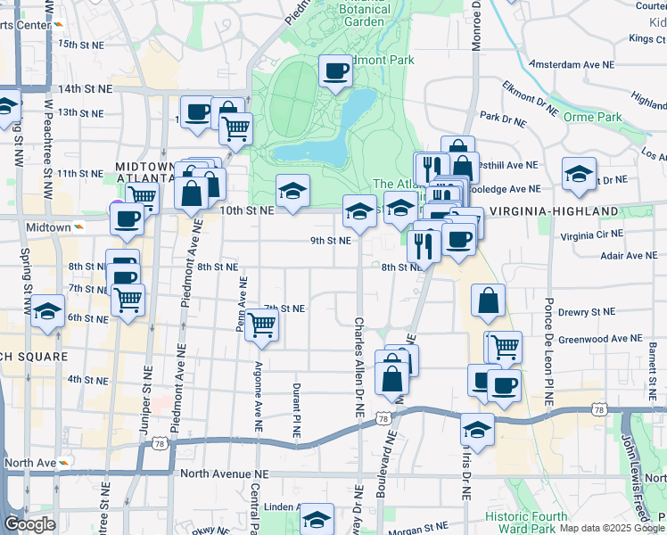 map of restaurants, bars, coffee shops, grocery stores, and more near 419 9th Street Northeast in Atlanta