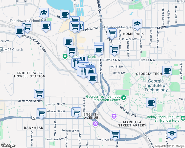map of restaurants, bars, coffee shops, grocery stores, and more near 932 Watkins Street Northwest in Atlanta