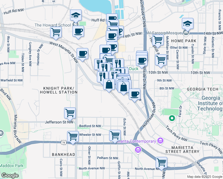 map of restaurants, bars, coffee shops, grocery stores, and more near 926 Brady Avenue Northwest in Atlanta