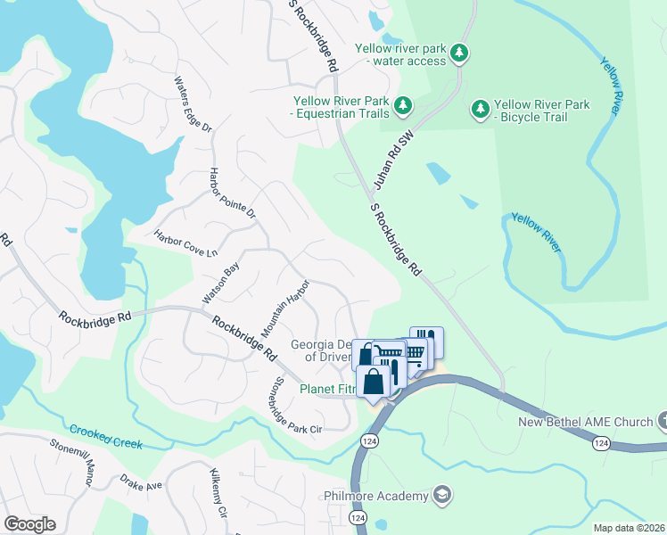 map of restaurants, bars, coffee shops, grocery stores, and more near 7566 Watson Bay Court in Stone Mountain