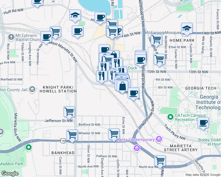 map of restaurants, bars, coffee shops, grocery stores, and more near 1050 Marietta Street NorthWest in Atlanta