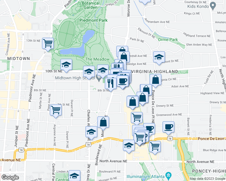 map of restaurants, bars, coffee shops, grocery stores, and more near Monroe Dr NE & 8th St NE in Atlanta