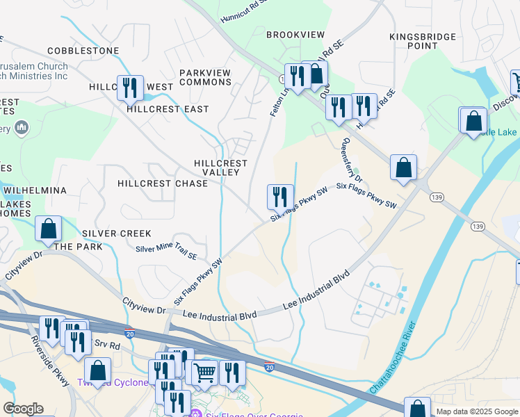 map of restaurants, bars, coffee shops, grocery stores, and more near 32 Hillcrest Drive Southeast in Austell