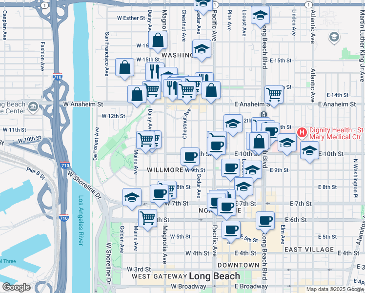 map of restaurants, bars, coffee shops, grocery stores, and more near 1031 Chestnut Avenue in Long Beach