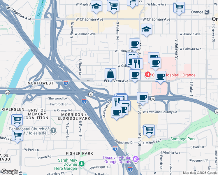 map of restaurants, bars, coffee shops, grocery stores, and more near 1740 West La Veta Avenue in Orange