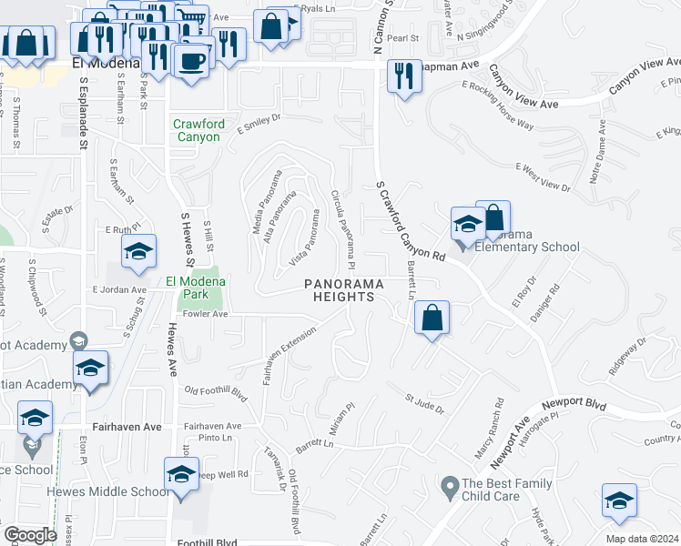 map of restaurants, bars, coffee shops, grocery stores, and more near 12626 Baja Panorama in Santa Ana