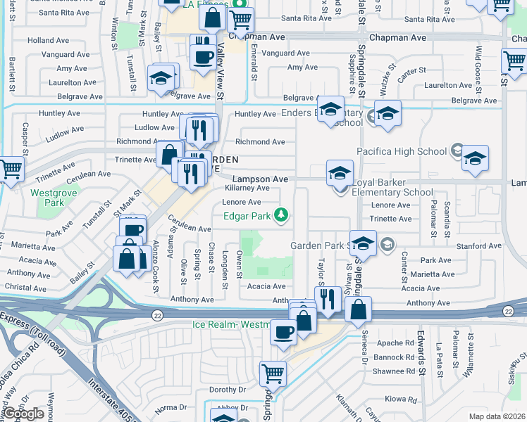 map of restaurants, bars, coffee shops, grocery stores, and more near 6141 Trinette Avenue in Garden Grove