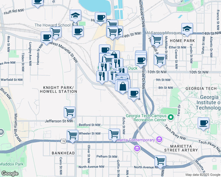 map of restaurants, bars, coffee shops, grocery stores, and more near 1050 Marietta Street NorthWest in Atlanta