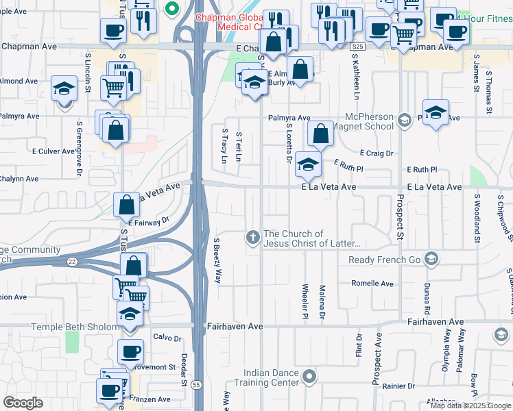 map of restaurants, bars, coffee shops, grocery stores, and more near 552 South Yorba Street in Orange