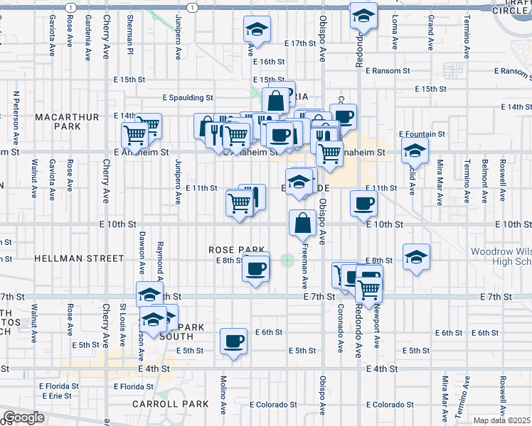 map of restaurants, bars, coffee shops, grocery stores, and more near 1025 Gladys Avenue in Long Beach