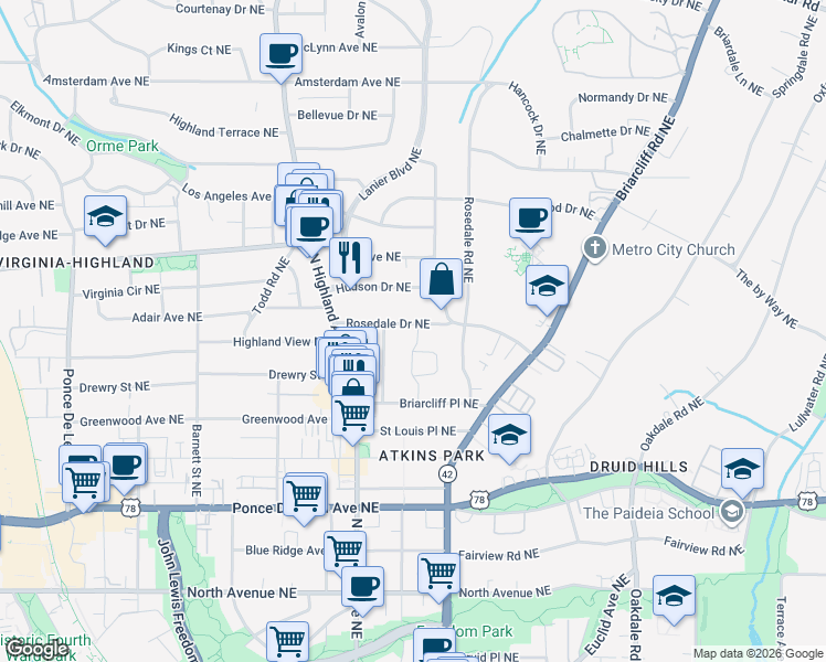 map of restaurants, bars, coffee shops, grocery stores, and more near 1110 Rosedale Drive Northeast in Atlanta