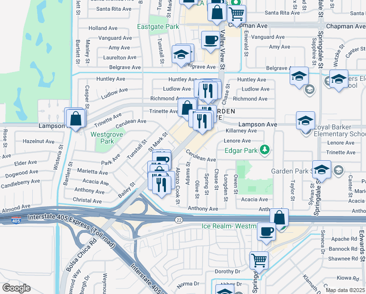 map of restaurants, bars, coffee shops, grocery stores, and more near Valley View St & Cerulean Ave in Garden Grove