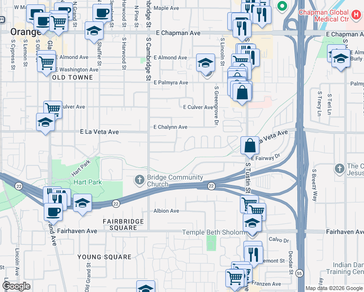 map of restaurants, bars, coffee shops, grocery stores, and more near 527 South Gardner Drive in Orange