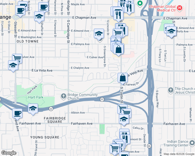 map of restaurants, bars, coffee shops, grocery stores, and more near 531 Summerfield Way in Orange
