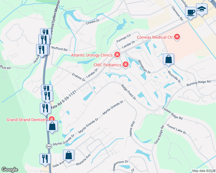 map of restaurants, bars, coffee shops, grocery stores, and more near 1105 Raven Cliff Court in Conway