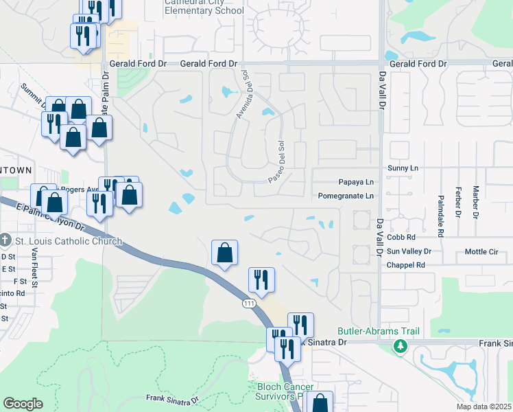 map of restaurants, bars, coffee shops, grocery stores, and more near 258 South Paseo Laredo in Cathedral City