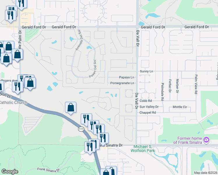 map of restaurants, bars, coffee shops, grocery stores, and more near 69775 Pomegranate Lane in Cathedral City