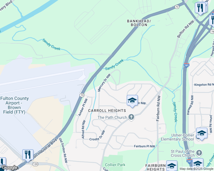 map of restaurants, bars, coffee shops, grocery stores, and more near 1084 Fairburn Road Northwest in Atlanta