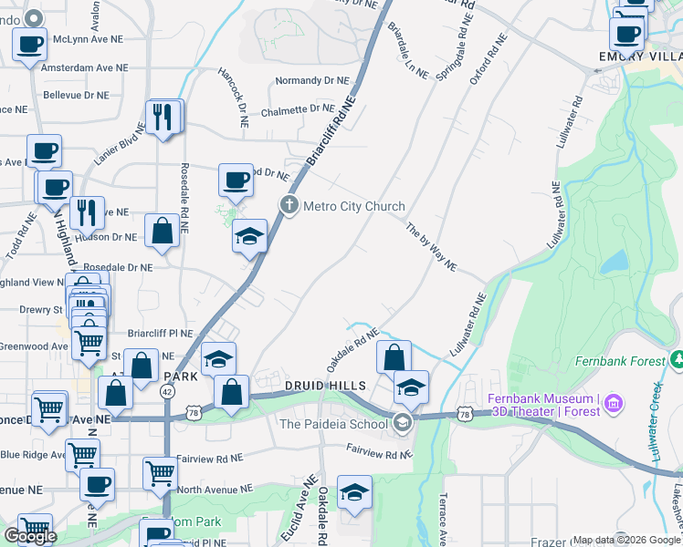 map of restaurants, bars, coffee shops, grocery stores, and more near 941 Springdale Road Northeast in Atlanta