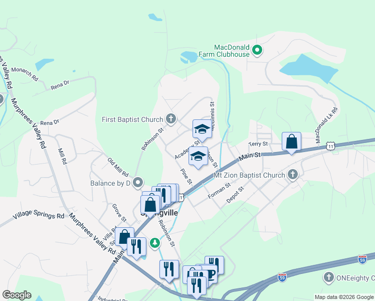 map of restaurants, bars, coffee shops, grocery stores, and more near 95 Academy Street in Springville