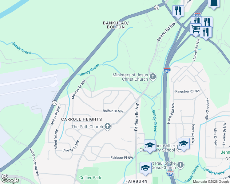 map of restaurants, bars, coffee shops, grocery stores, and more near 923 Fairburn Road Northwest in Atlanta