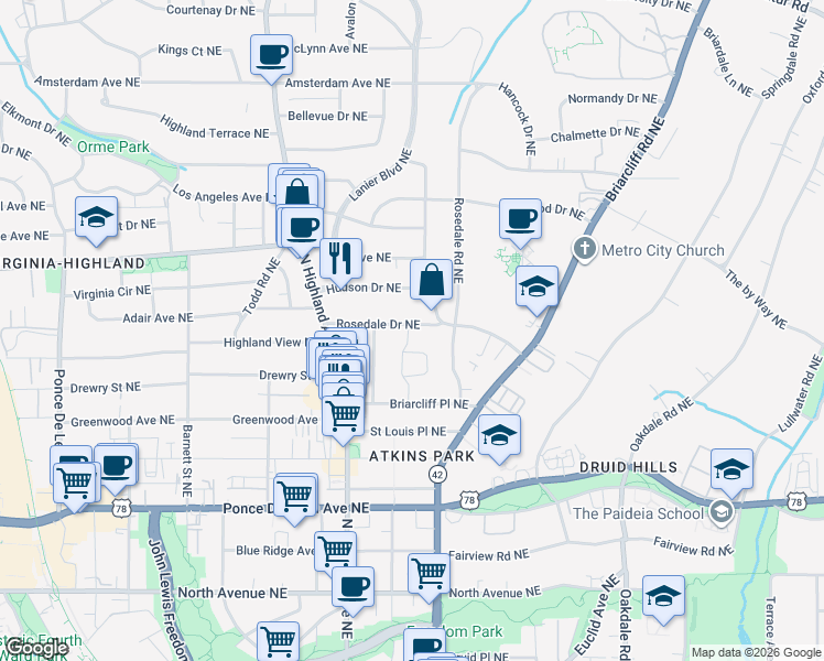 map of restaurants, bars, coffee shops, grocery stores, and more near 1156 Rosedale Drive Northeast in Atlanta