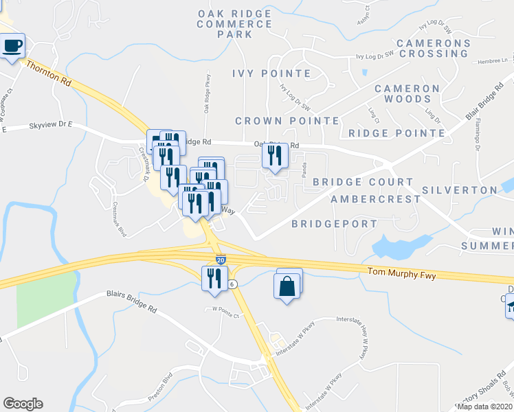 map of restaurants, bars, coffee shops, grocery stores, and more near 1595 Blair Bridge Road in Austell
