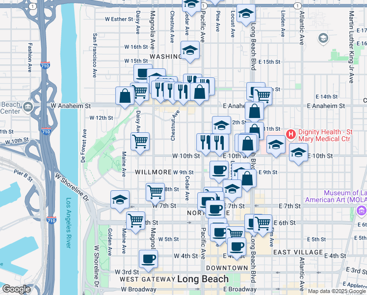 map of restaurants, bars, coffee shops, grocery stores, and more near 1027 Cedar Avenue in Long Beach