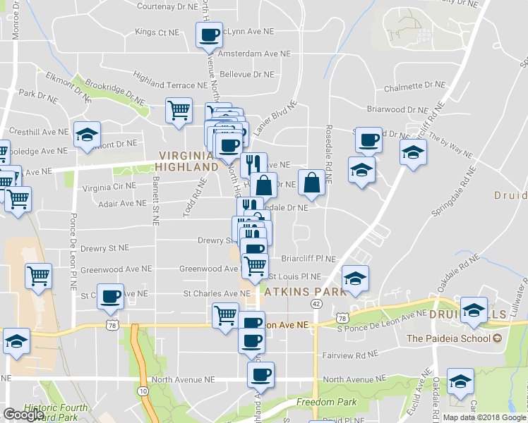 map of restaurants, bars, coffee shops, grocery stores, and more near 1075 Rosedale Drive Northeast in Atlanta