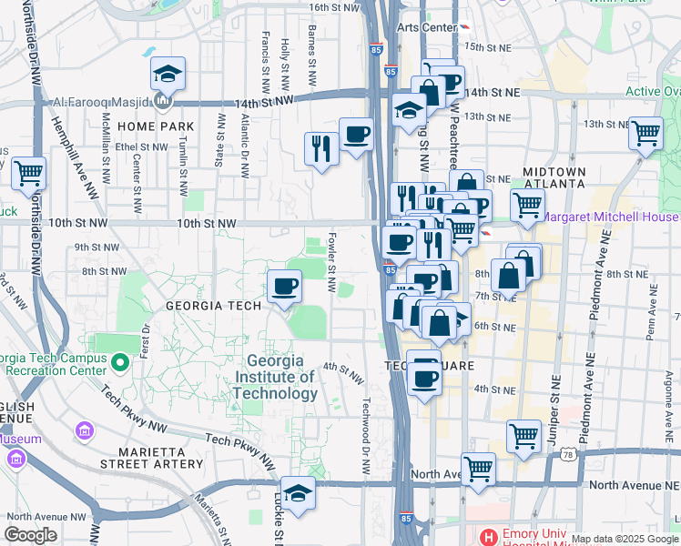 map of restaurants, bars, coffee shops, grocery stores, and more near 177 8th Street Northwest in Atlanta